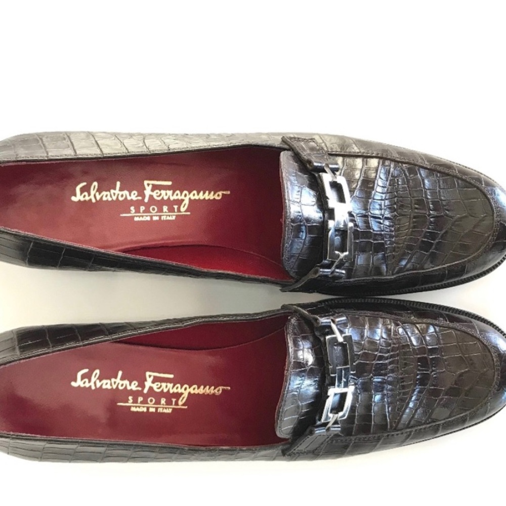 Salvatore Ferragamo Black Croc-Embossed Loafers